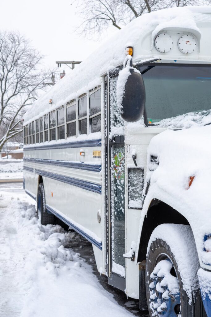 a snow covered bus